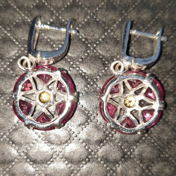 Vintage Genuine Natural Red Spinel & Citrine 925 Sterling Silver Dangle Earrings - Picture 8 of 13